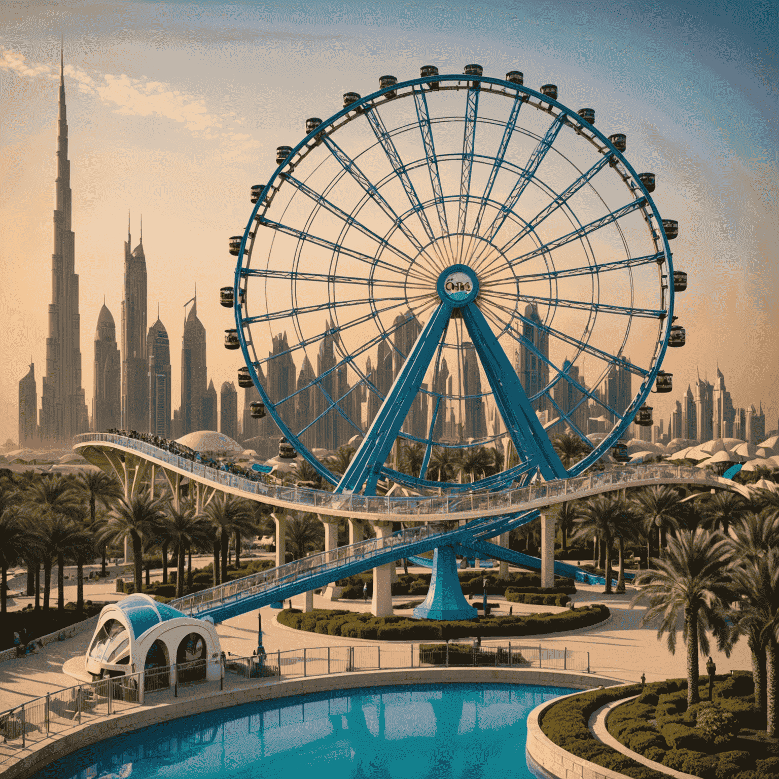 tourvisionaryae logo featuring a stylized roller coaster and Ferris wheel silhouette against a Dubai skyline