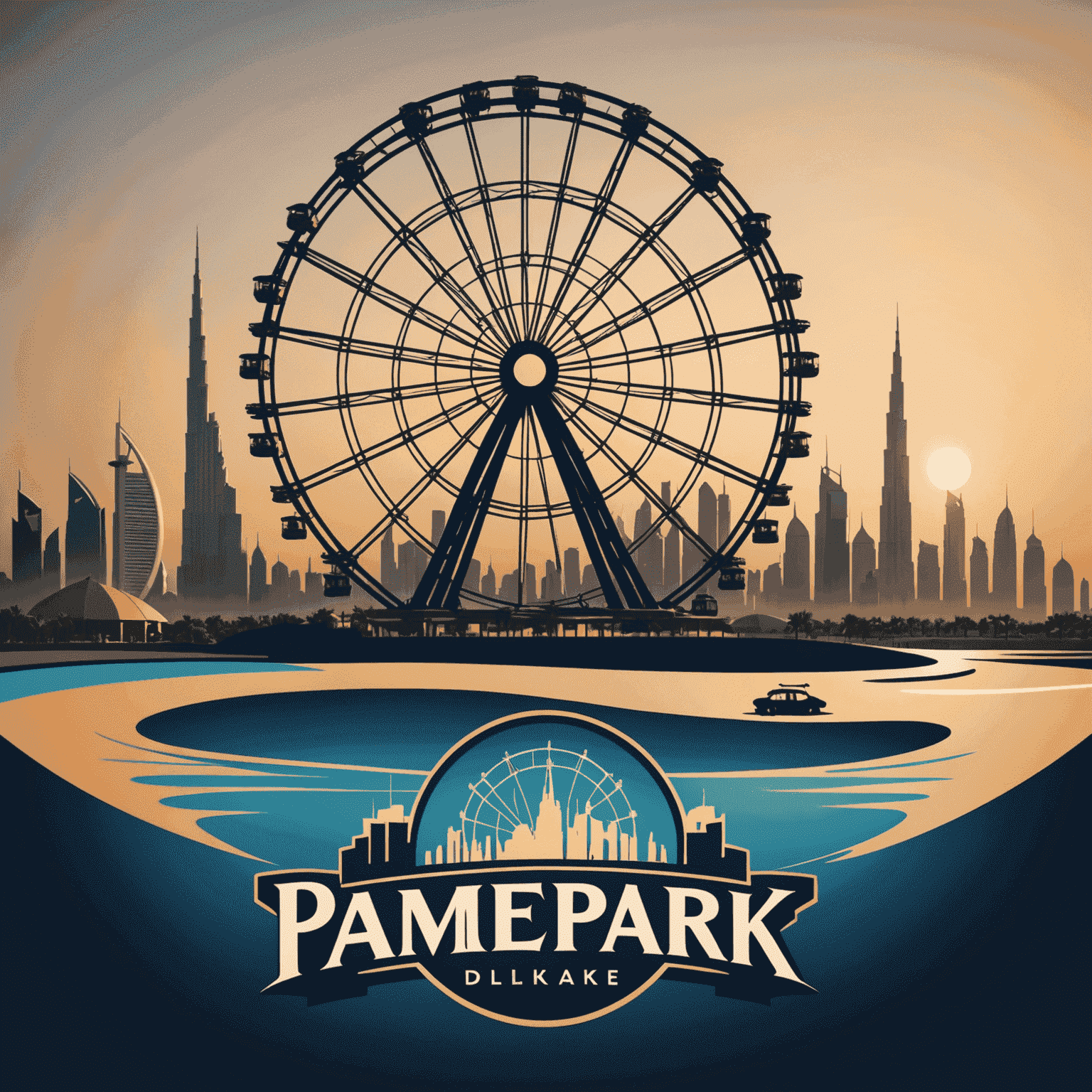 tourvisionaryae logo featuring a stylized roller coaster and Ferris wheel silhouette against a Dubai skyline