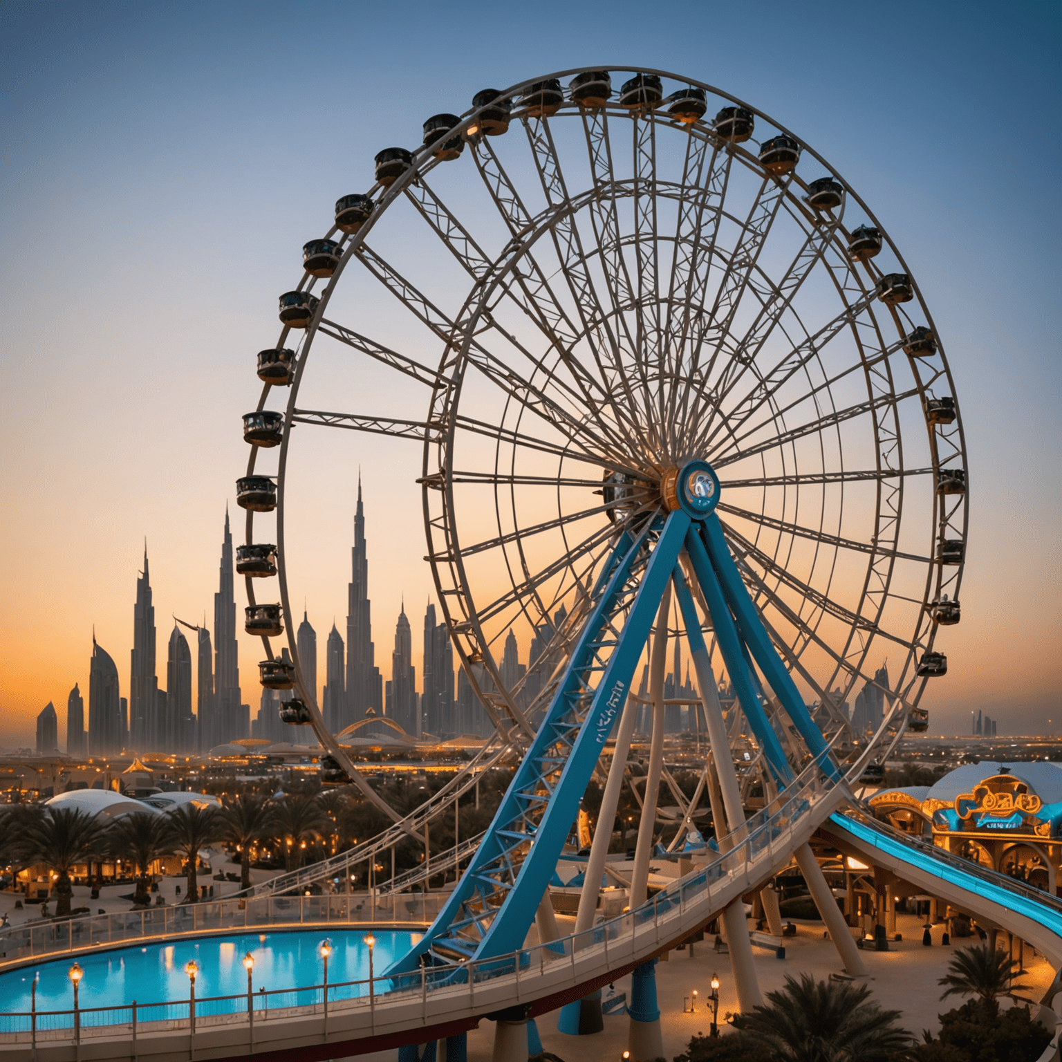 tourvisionaryae logo featuring a stylized roller coaster and Ferris wheel silhouette against a Dubai skyline