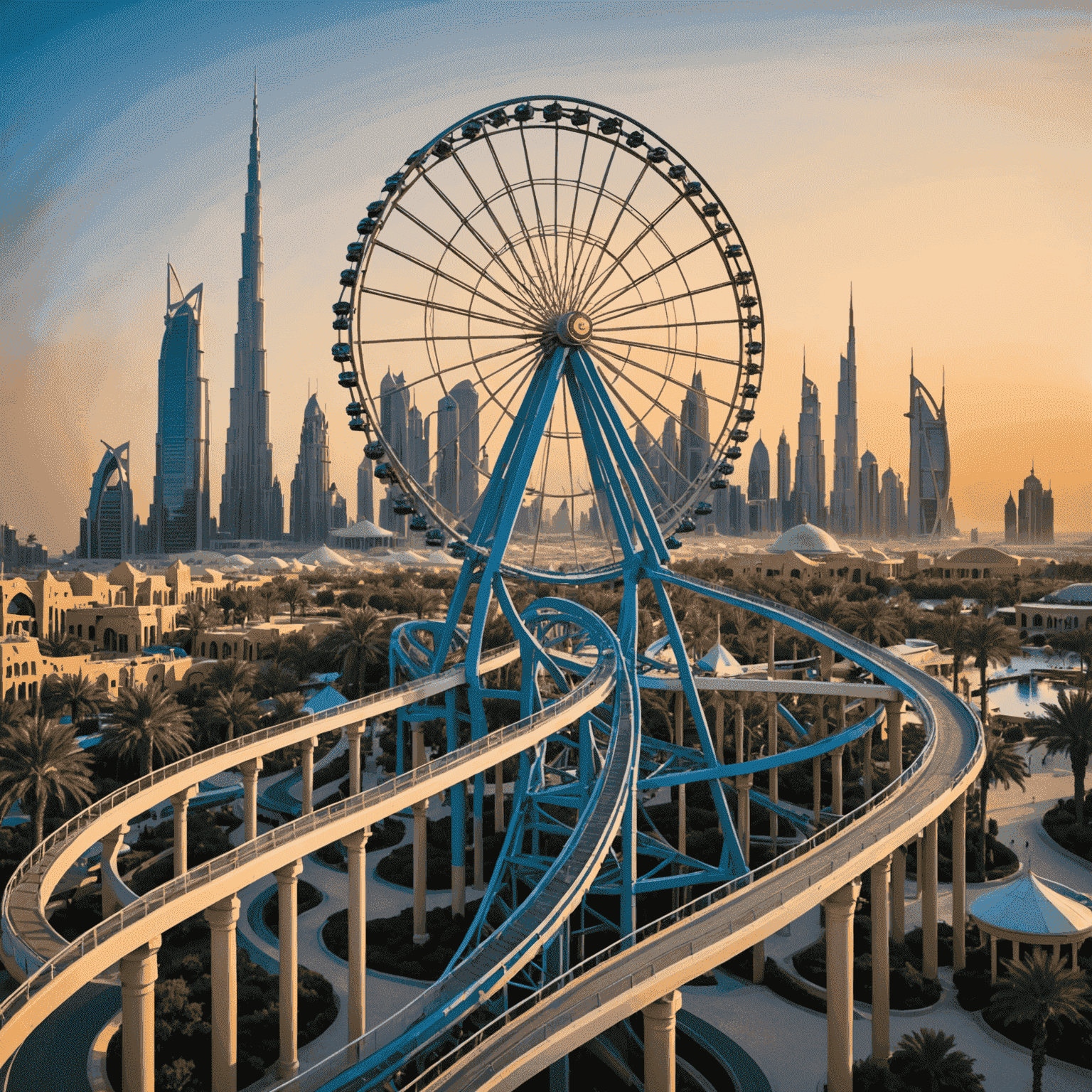 tourvisionaryae logo featuring a stylized roller coaster and Ferris wheel silhouette against a Dubai skyline