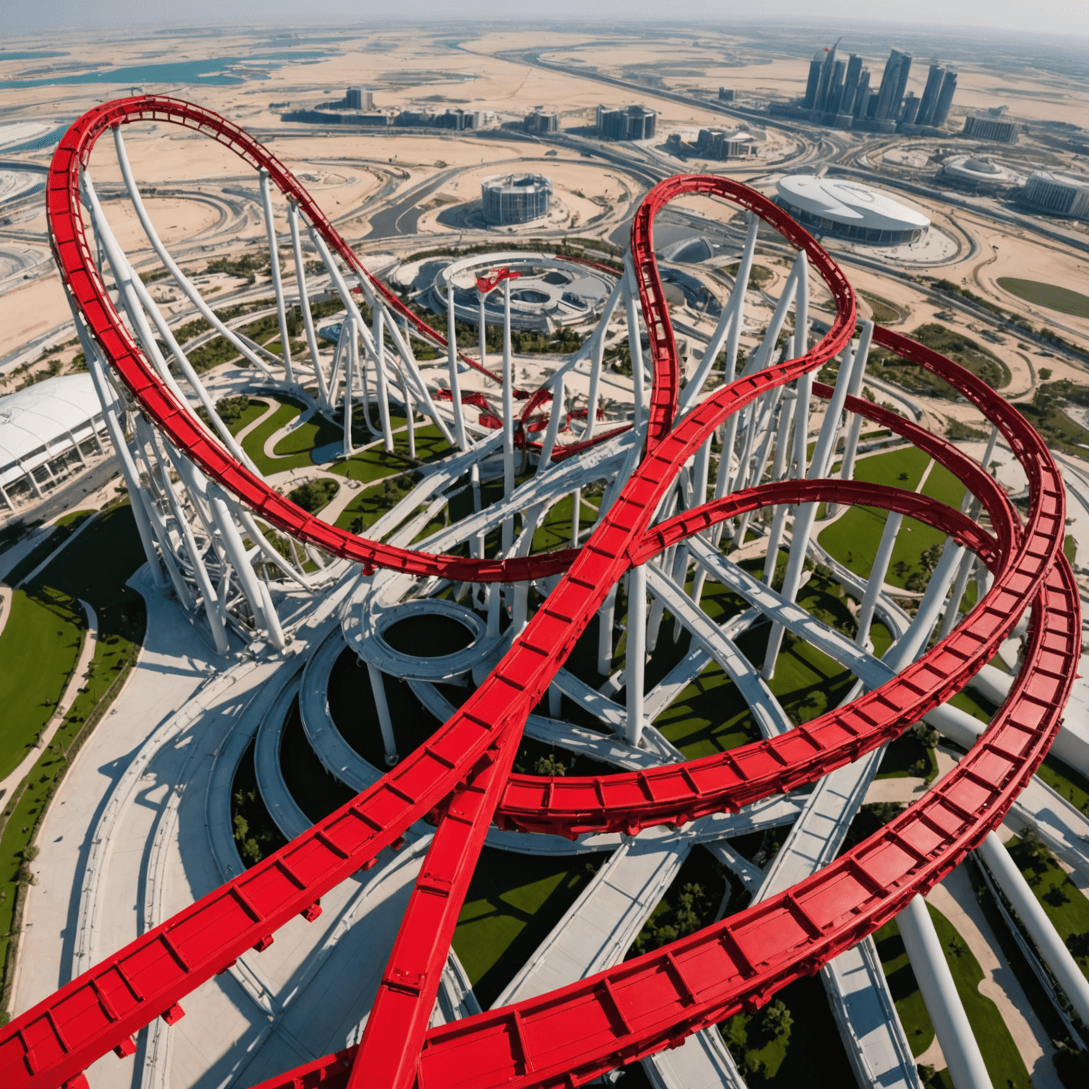 A thrilling new roller coaster with Ferrari-red tracks twisting through the air at Ferrari World Abu Dhabi. The coaster features multiple loops and a vertical drop, with the park's iconic red roof visible in the background.