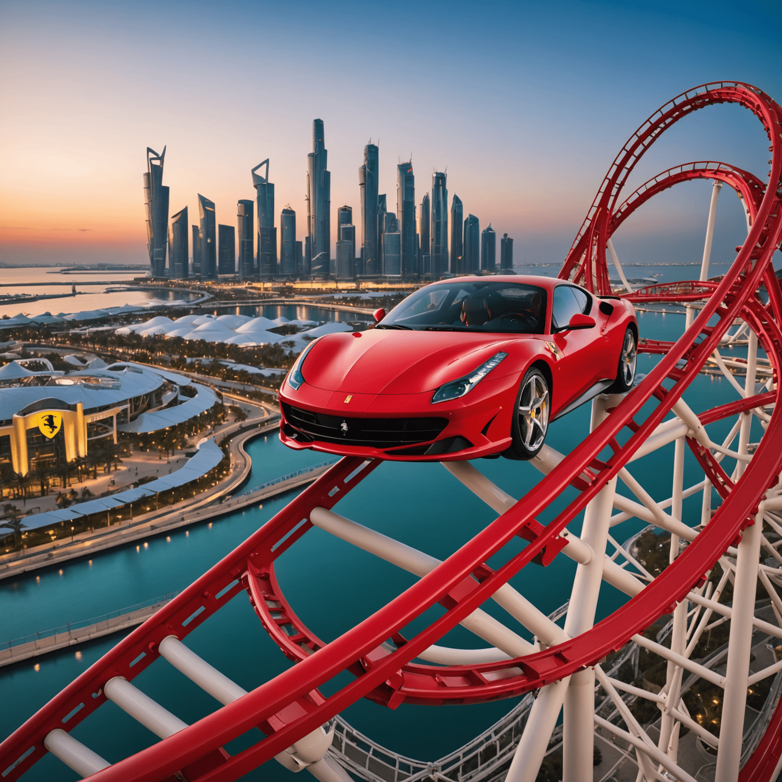 A sleek, red roller coaster with Ferrari branding, twisting through the air against the backdrop of Abu Dhabi's skyline at twilight. The coaster features multiple loops and corkscrews, with excited visitors queuing to ride.