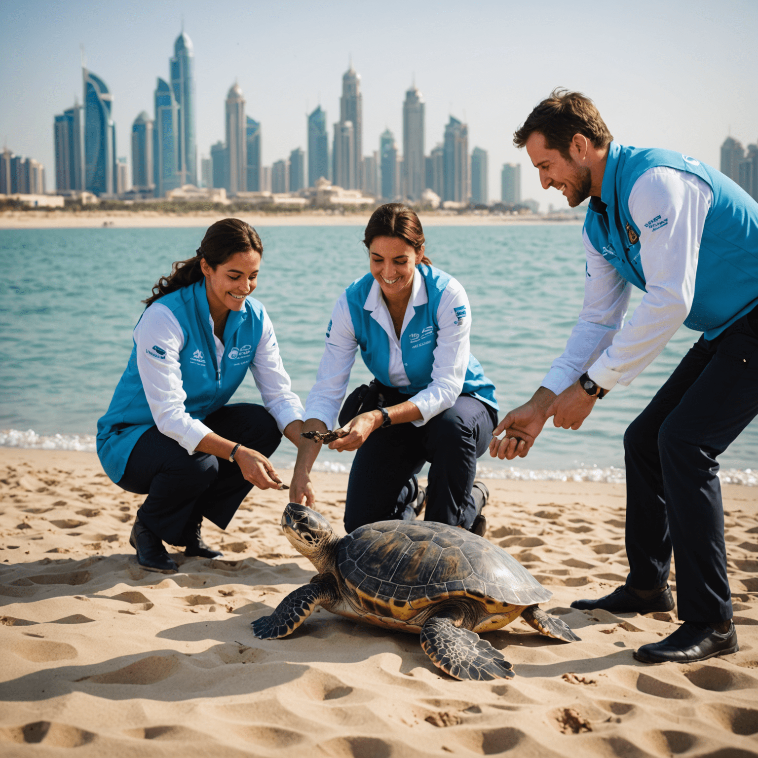SeaWorld Abu Dhabi's marine conservation team releasing rehabilitated sea turtles back into the Arabian Gulf, with the iconic Yas Island skyline in the background