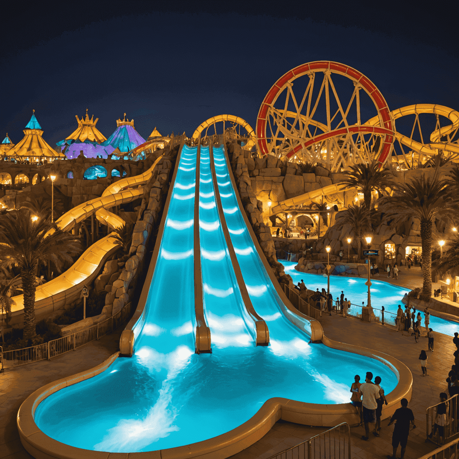 Illuminated water slides and attractions at Yas Waterworld at night, with colorful lights reflecting off the water and excited visitors enjoying the rides