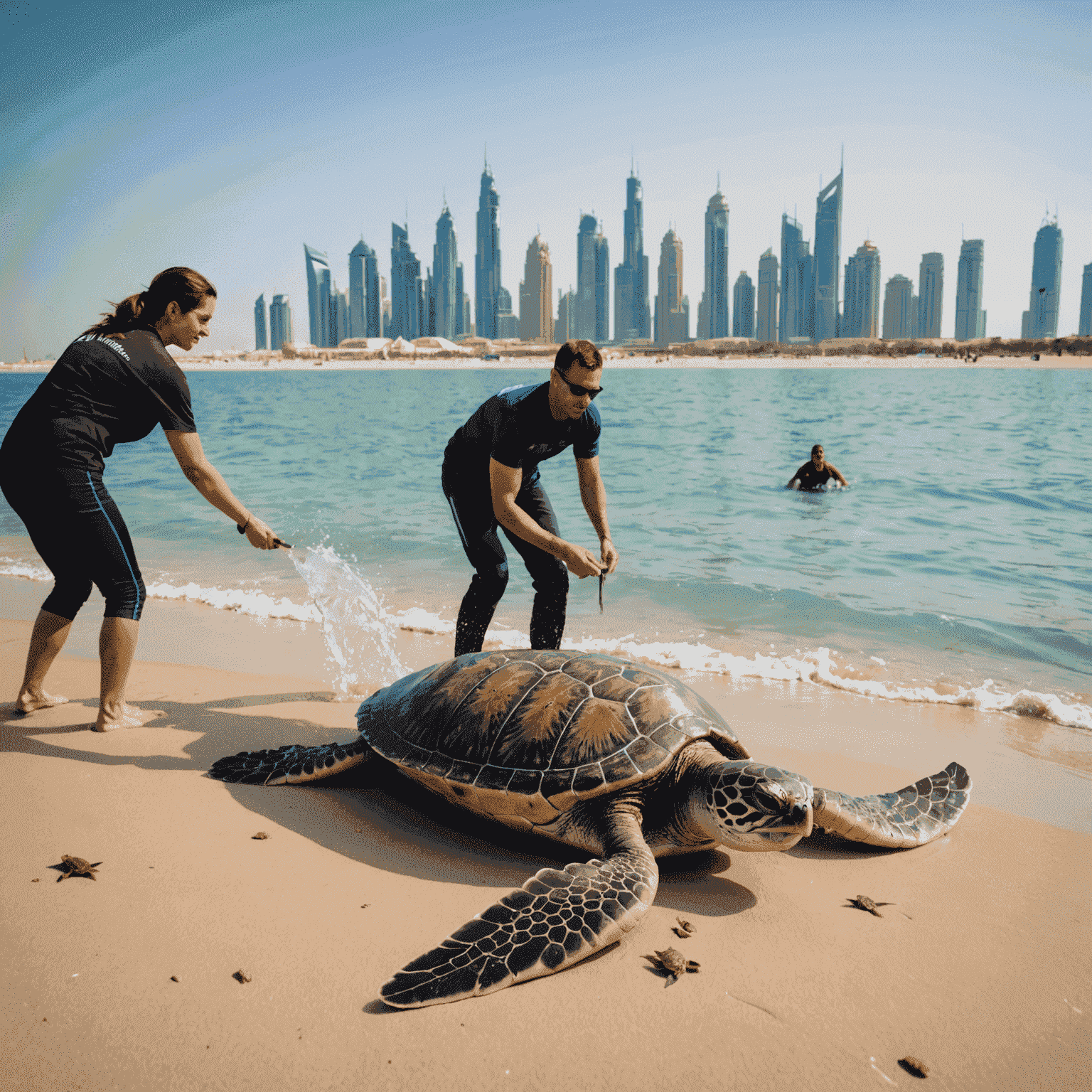 A team of marine biologists from SeaWorld Abu Dhabi releasing rehabilitated sea turtles back into the Arabian Gulf. The image shows the turtles swimming away with the Abu Dhabi skyline visible in the background.