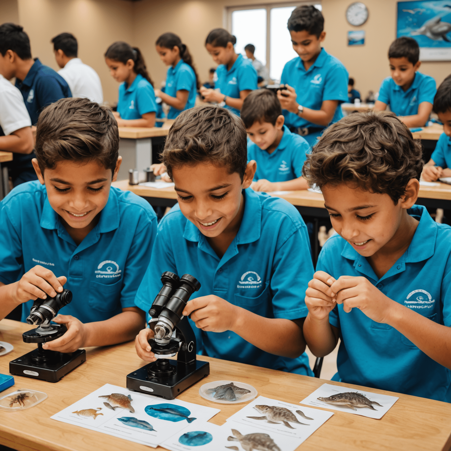 Children participating in a Junior Marine Biologist workshop at SeaWorld Abu Dhabi, examining marine specimens under microscopes with excited expressions