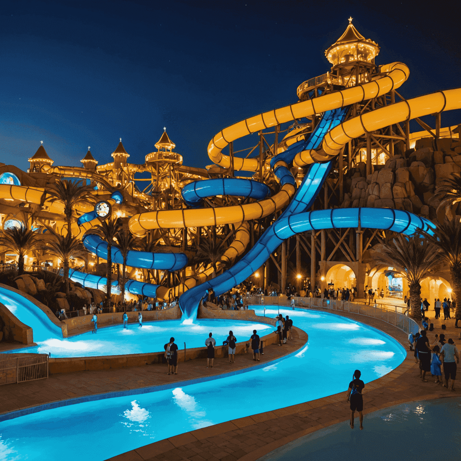 A nighttime scene at Yas Waterworld with colorful lights illuminating water slides and attractions. Families and visitors enjoying the water rides under a starry sky, with special light shows visible in the background.